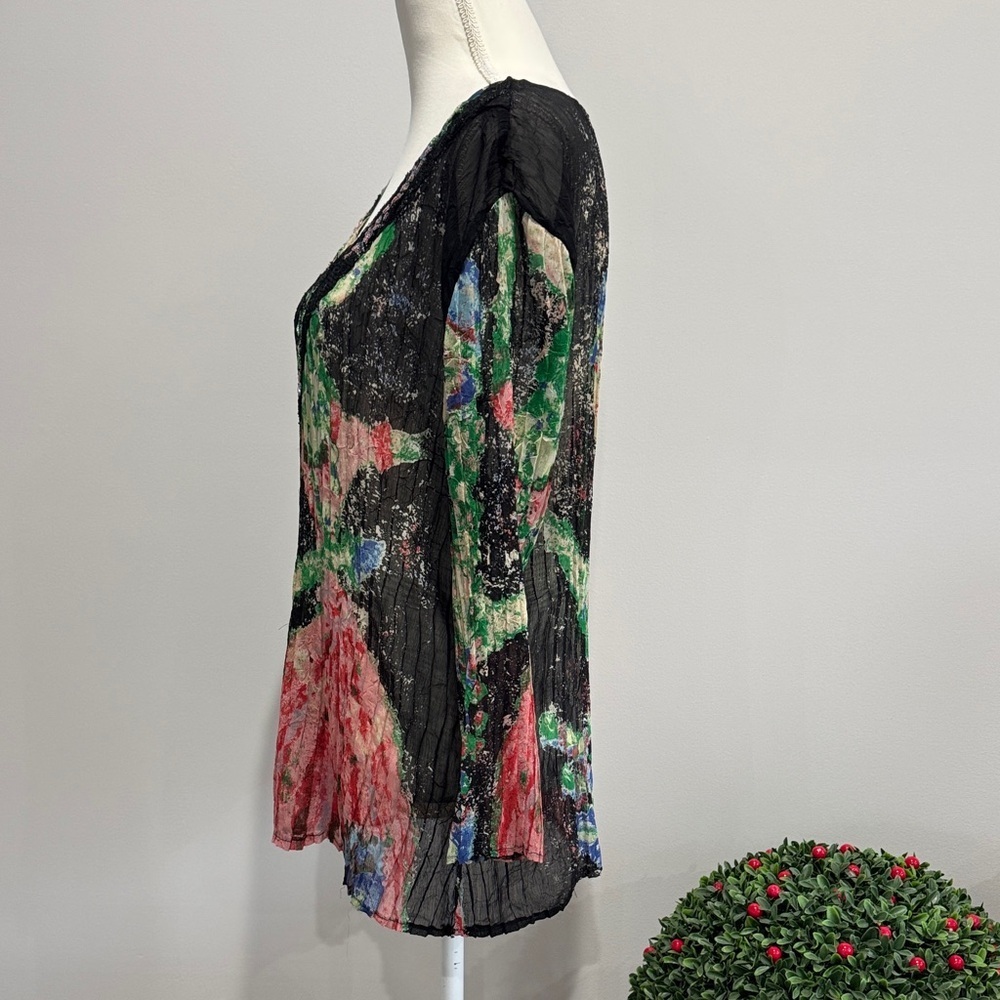 Alberto Makali Black Multicolor Abstract V-Neck Blouse Sz L - Picture 4 of 8